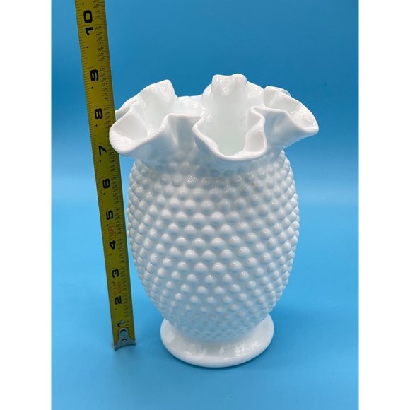 Vintage Fenton White Hobnail Milk Glass Double Crimped Vase 8" tall - Picture 3 of 5